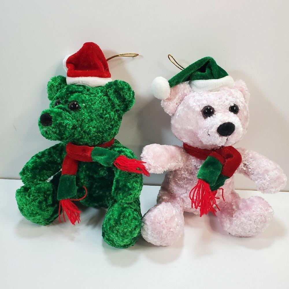2 Plush 7" Teddy Bear Christmas Ornaments Pink Green Stuffed Toy Scarf Santa Hat